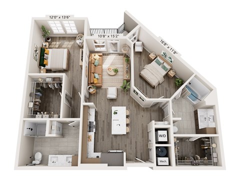 A 10x15 room floor plan with a kitchen, living room, and bathroom.